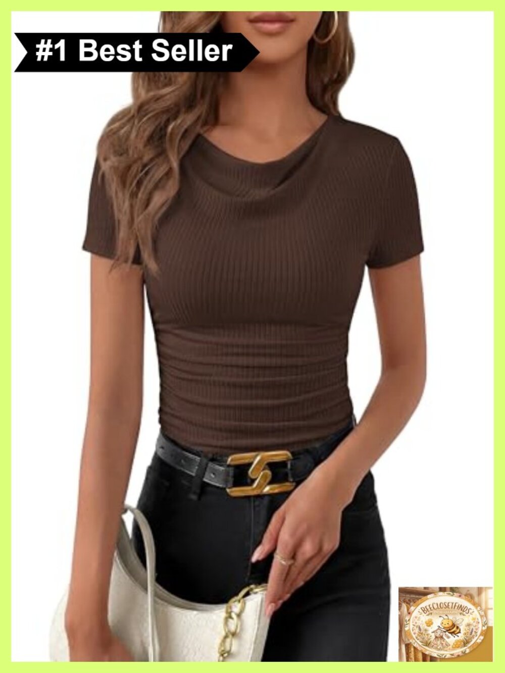 Cowl Neck Ruched Fitted Crop Top Short Sleeve Ribbed Knit Women's Tee